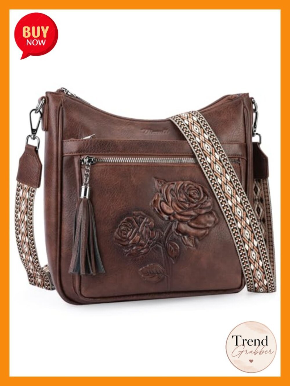 Vegan Leather Hobo Crossbody Bag Embossed Floral Lightweight Travel Purse